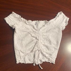 Cute off shoulder vneck smocked front drawstring tie crop top